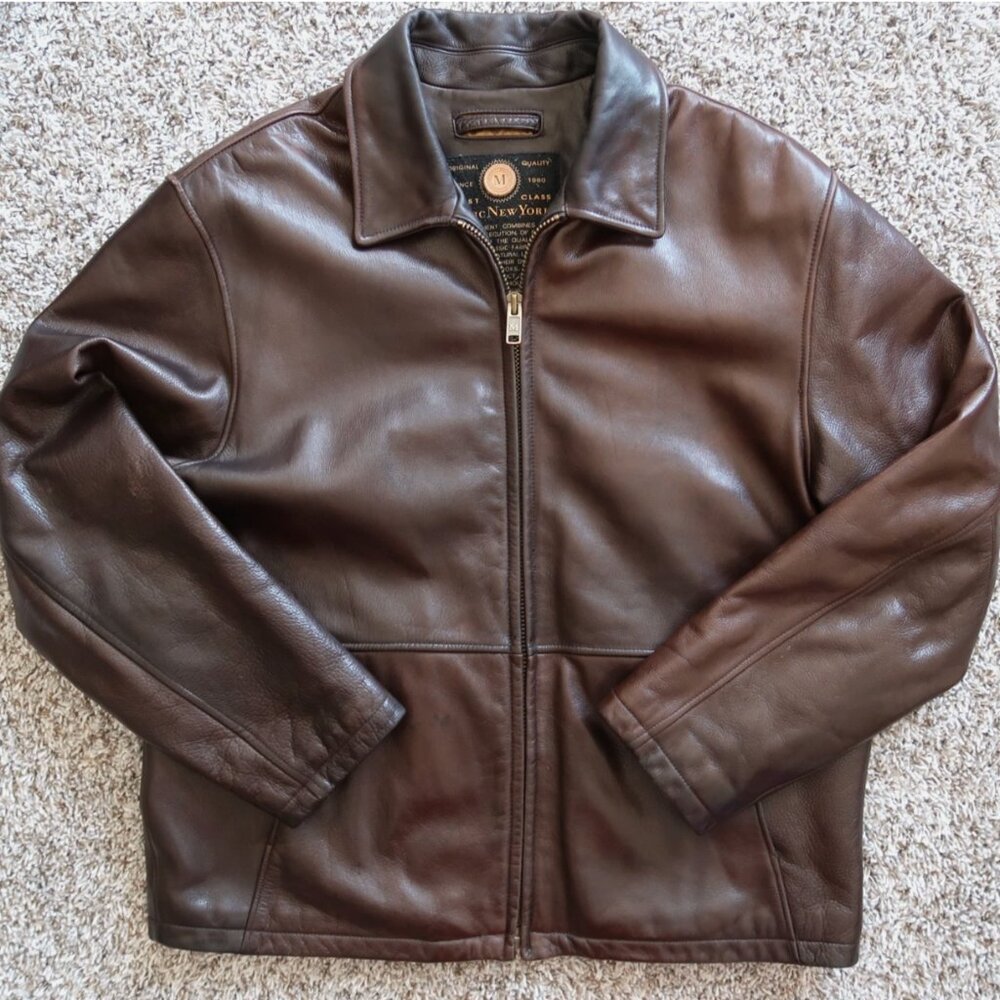 RARE VTG Andrew Marc New York Dark Brown Leather Jacket Quilted Lining Sz L